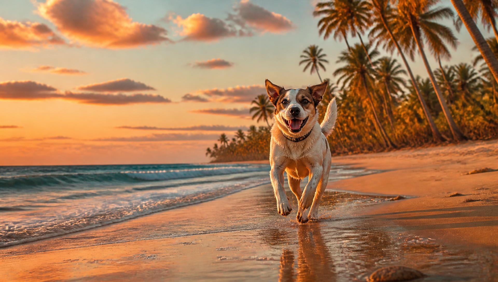 Cachorro correndo em praia da Bahia ao pôr do sol